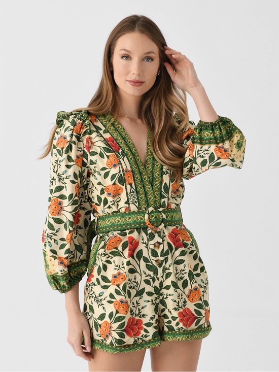 FARM Rio Pants - Farm Rio Garden Tapestry Floral Plunge Romper Medium Belted Boho